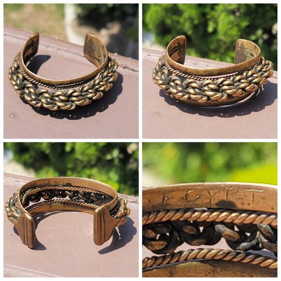 Vtg Egyptian Thick Braided Cuff Brass Bracelet - Picture 1 of 7